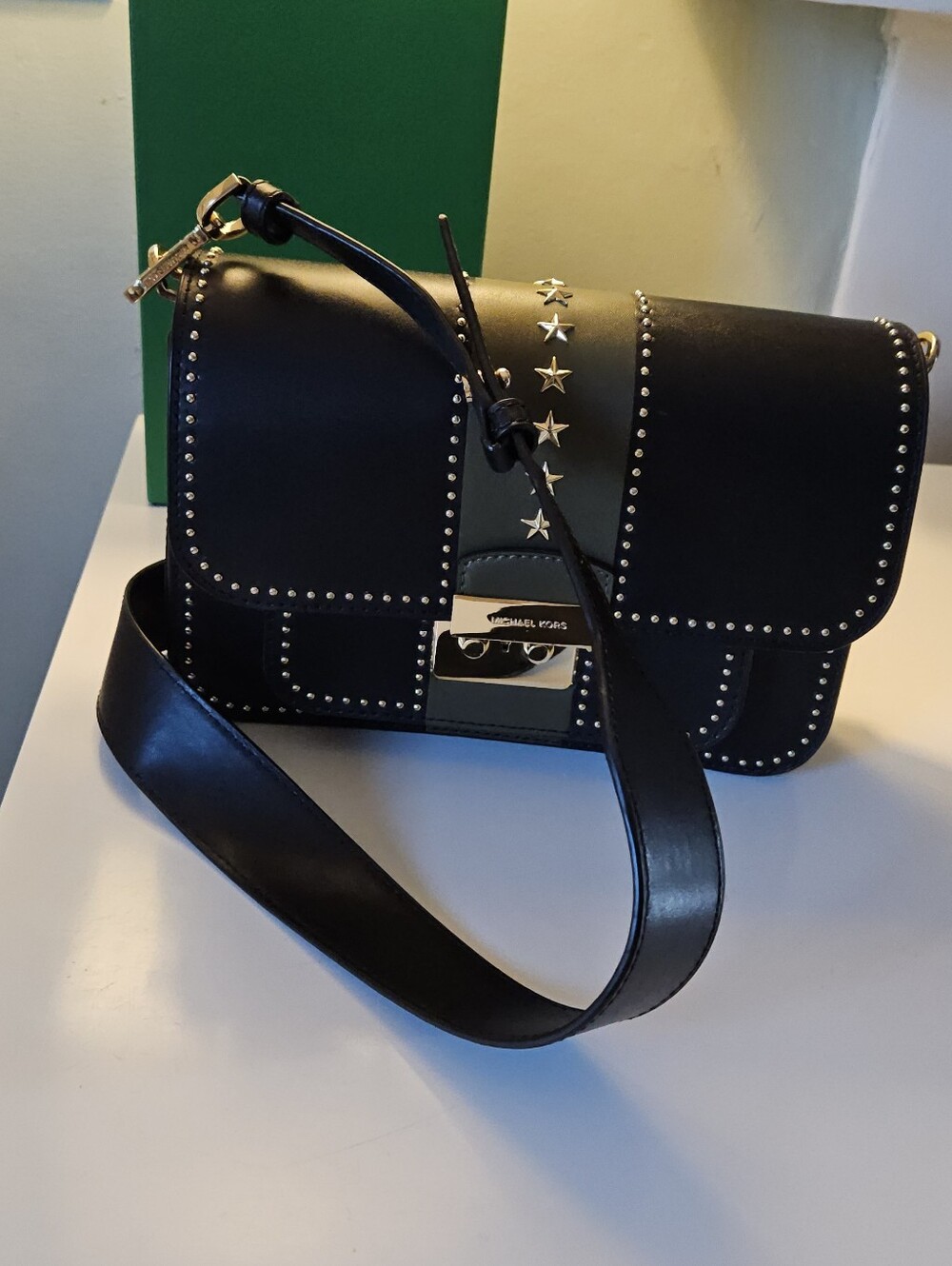 Michael Kors Studded Black/Olive Sloane Editor Leather Crossbody Bag